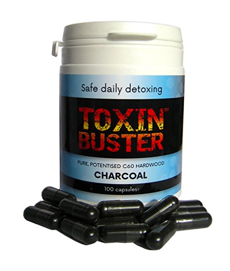 Toxin Buster Pure C60 Buckminster Fullerene Active Potentised Hardwood Charcoal Capsules Vegetarian Detox Aid, Digestive Aid, Safe Natural Daily Detox, NOT Activated or Medicinal, can be used daily (100 Capsules)