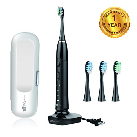 EC Technology Automatic Sonic Electric Toothbrush Induction Rechargeable Waterproof 35000 Power with 4 Ergonomic Health Replacement Heads and Travel Case for Adults-Black