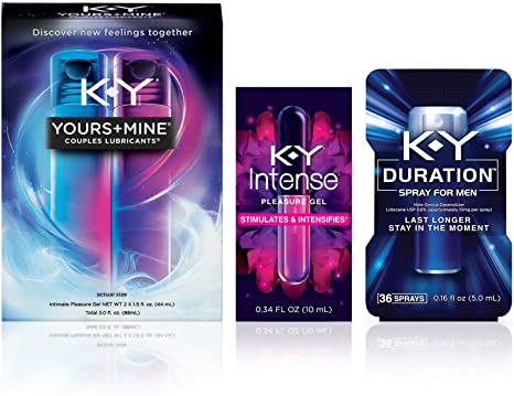 K-Y Couples Pleasure Kit Including, Yours & Mine Couples Lubricant, 3 fl.oz.  K-Y Intense Pleasure Gel Lubricant 0.34 fl.oz.  K-Y Duration Male Genital Spray 36 Sprays/ 0.16 fl.oz. 1 ea