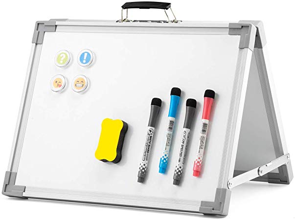 Magnetic Dry Erase White Board 16 inches x 12inches, Foldable Double Sided Portable Whiteboard, Includes Magnets & Eraser, 4 Magnetic Dry Erase Pens, Multicolored