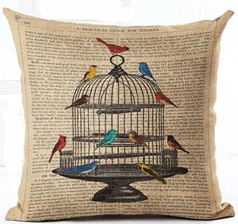 Cotton Linen Retro Book Page Illustration Black Sketch Birdcage And Colorful Birds Pillow Covers Cushion Cover Decorative Sofa Bedroom Square 18 inches