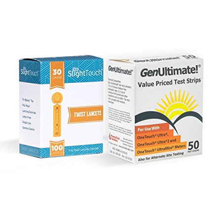 GenUltimate Blood Glucose Test Strips For Use with One Touch Ultra Meters - 50 Strips With 100 Slight Touch Lancets