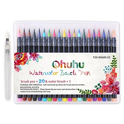 Ohuhu 20 Colors Watercolor Brush Marker Pens W/ A Water Coloring Brush, Soft Flexible Tip for Adult Coloring Books, Manga, Comic, Calligraphy