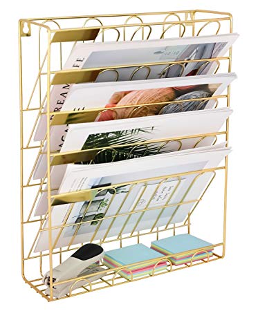 Superbpag Hanging Wall File Organizer, 5 Slot Wire Metal Wall Mounted Document Holder for Office Home, Gold