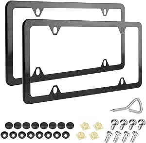 XINLIYA 4 Holes Stainless Steel License Plate Frames, 2 PCS Car Licence Plate Covers, Automotive Exterior Accessories Slim Design with Bolts Washer Caps for US Vehicles (Black)