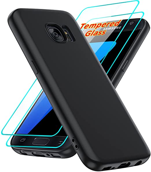 Samsung S7 Phone Case, Galaxy S7 Case with 2 Pack Tempered Glass Screen Protector for Women Men, LeYi Liquid Silicone Slim Silky-Soft Protective Case Cover for S7 Samsung 5G, Black