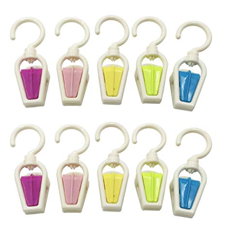 Mmei Set of 10 Plastic Fashion Color Collection Swivel Laundry Hooks Clothes Pins Hanging Clips Hanger Home Travel Portable