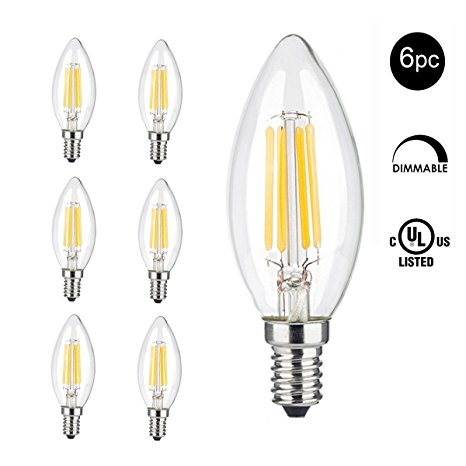 Aogist 4W Dimmable Sapphire LED Filament Candle Light Bulb, 2700K Warm White 400LM, E12 Candelabra Base Lamp, C11 High Light Efficiency, 40W Incandescent Replacement,UL-Listed, 6 Pack