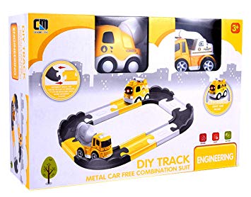 Bo-Toys Construction Trucks Building Blocks Race Track Set, 2 Metal Cars with Light and Music