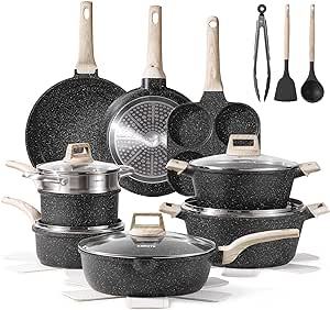 CAROTE 21pcs Pots and Pans Set Nonstick, Cookware Set Black Granite Induction Kitchen Cooking Set w/Frying Pans & Saucepans(PFOS, PFOA Free)