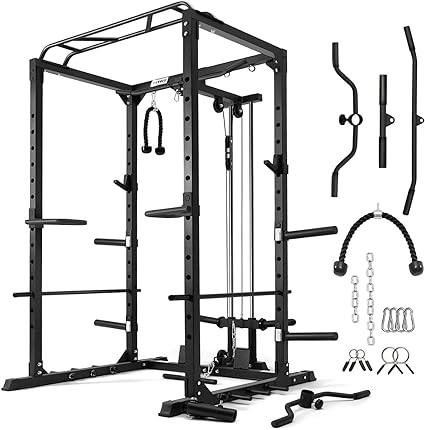 RitFit All-In-One Squat Rack for Home Gym, PPC02C Multi-Function 1000 LBS Capacity Power Cage with Lat Pulldown, Pulley System, Dip Bar, Landmine & More Power Rack Attachments
