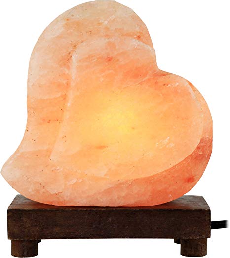 Greenco Heart Shaped Hand Carved Natural Himalayan Salt Lamp On A Wooden Base with Electric Wire, Dimmer Control & Bulb.