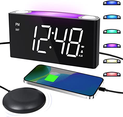 Super Loud Alarm Clock with Bed Shaker for Heavy Sleepers, 7'' Large Led Digital Clock with USB Charger,7 Colors Night Light Dual Alarm for Bedroom, 12/24H, Battery Backup Snooze for Teens Adults