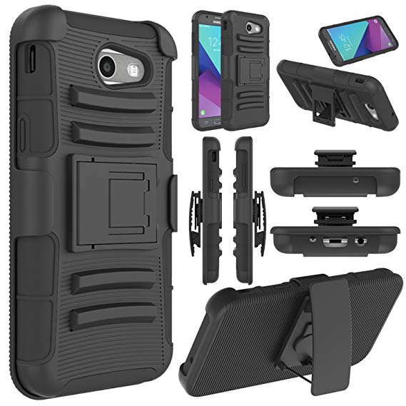 Galaxy J3 Emerge Case, Galaxy J3 2017 Case, Elegant Choise Heavy Duty Dual Layer Full Body Protective Kickstand Case Cover with Belt Clip Holster Case for Samsung Galaxy J3 Emerge (Black)