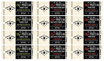 Country Archer Jerky Meat Protein Bars Variety Pack of 12 Turkey Pork Beef Bars Gluten Free Soy Free