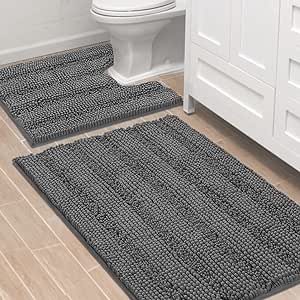 H.VERSAILTEX Bathroom Rugs Bath Rug Set 2 Piece Bathroom Contour Rug Toilet Mat Sets Non Slip Contour Bath Rug Ultra Thick Water Absorbent Striped Bath Mats Washable(36" x 24" Plus 20" x 24" U, Grey)