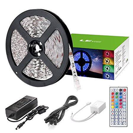 LE 5m/16.4ft 300 LEDs RGB Strip Light Kit, SMD 5050, 12V DC, LED Tape lights, Remote Control, LED Ribbon Lights for DIY Christmas Holiday Home Kitchen Car Bar Indoor Party Decoration (Non Waterproof)