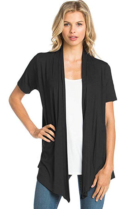 12 Ami Basic Solid Short Sleeve Open Front Cardigan (S-3X) - Made in USA