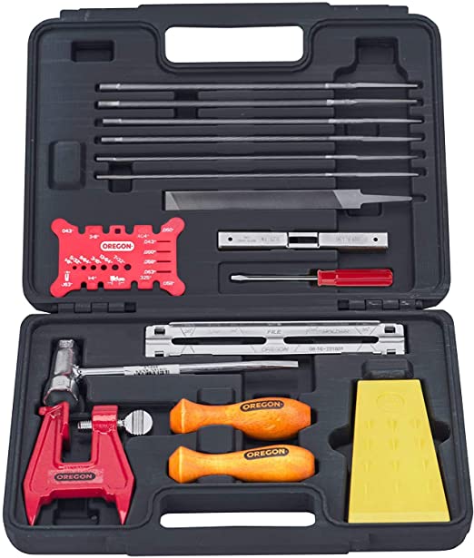 Oregon Chainsaw Chain Sharpening Kit with Hard Case - Contains Files, Handles, Depth Gauge, Stump Vise, Felling Wedge, and More Accessories