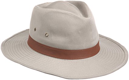 Dorfman Pacific Men's 1 Piece Garment Washed Twill Outback Hat With Genuine Leather Trim