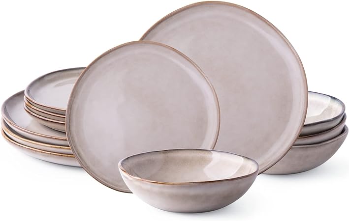 AmorArc Ceramic Dinnerware Sets,Handmade Reactive Glaze Plates and Bowls Set,Highly Chip and Crack Resistant | Dishwasher & Microwave Safe,Service for 4 (12pc)