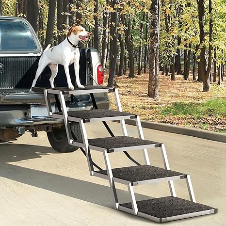 LEMBERI Reinforced Dog Stairs for Car, SUV and Trucks Aluminum Ramps Small to Large Size Dogs with Non-Slip Surface, Lightweight Foldable Pet Car Steps Up 250 lbs Bed Oudoor, Black,(2G-DCL)