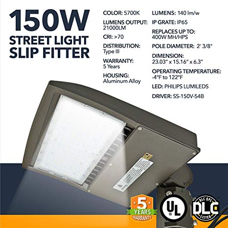 LED DLC Street Lighting - 150W - Outdoor LED Street Lights, 21000 Lumens - Commercial or Residential Area Pathway Security Lights - 5 Year Warranty - 5700K