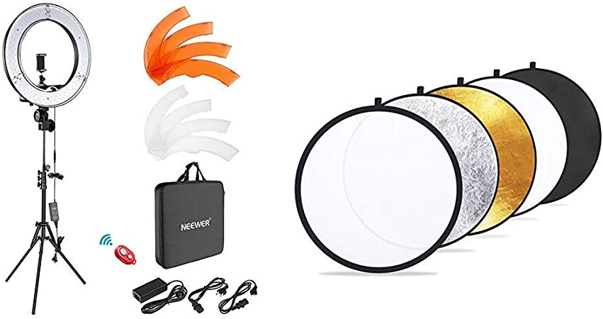 Neewer Ring Light Kit:18"/48cm Outer 55W 5500K Dimmable LED Ring Light, Light Stand, Carrying Bag & Etekcity 24" (60cm) 5-in-1 Portable Collapsible Multi-Disc Photography Light Photo Reflector