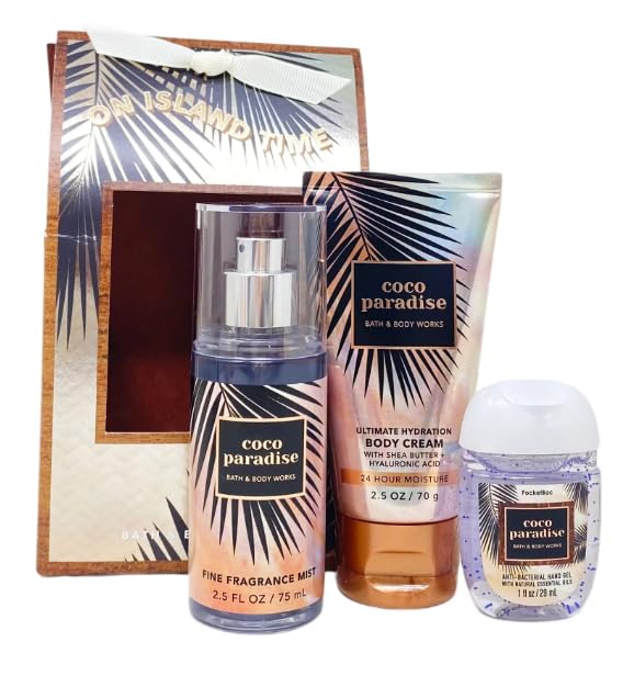 Bath & Body Works Coco Paradise On Island Time Travel Gift Bag Set - Fragrance Mist - Body Cream - Hand Gel - Travel Size