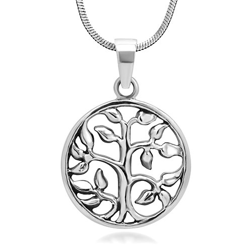 925 Oxidized Sterling Silver Tree of Life Symbol Open Round Pendant Necklace, 18 inches