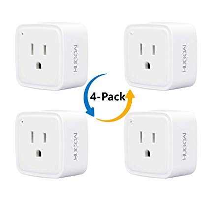 WiFi Smart Plug, HUGOAI WiFi Smart Outlet Wireless Socket 4 Packs, Compatible with Alexa,Google Home/IFTTT, Remote Control On/Off from Anywhere, No Hub Required