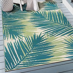 Rugshop Tropical Floral Reversible Crease-Free Waterproof Premium Recycled Plastic Outdoor Rugs for Patio,Backyard,RV,Deck,Picnic,Trailer,Beach,Camping Green 3' x 5'