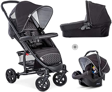 Hauck Malibu 4 Trio Set 3 in 1 Pushchair Set up to 18 kg with Group 0 Car Seat   Carrycot with Mattress from Birth, Large Seat with Lying Function, Large Basket, Compact Folding - Black Silver