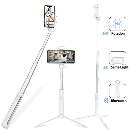 Selfie Stick with Light, 3 in 1 Lightweight Aluminum Alloy Extendable Selfy Sticks Tripod with Wireless Remote Shutter,Compatible with iPhone Xs max X