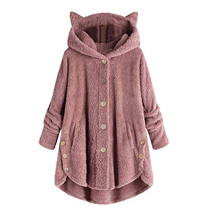 Womens Winter Warm Outwear 2019 Sale Cute Cat Ear Button Hooded Pockets Fuzzy Fleece Thick Plush Jackets Vintage Faux Fur Teddy Bear Long Hoodie Cardigan Coats