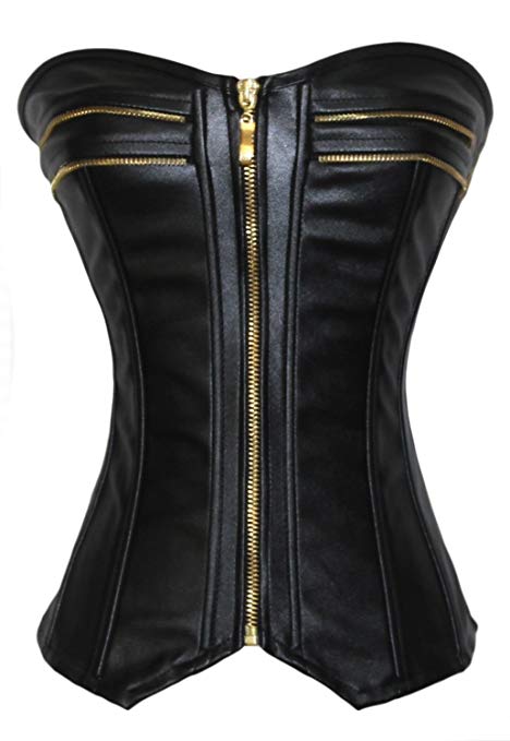 KIWI RATA Women's Punk Rock Faux Leather Buckle-up Corset Bustier Basque with G-string