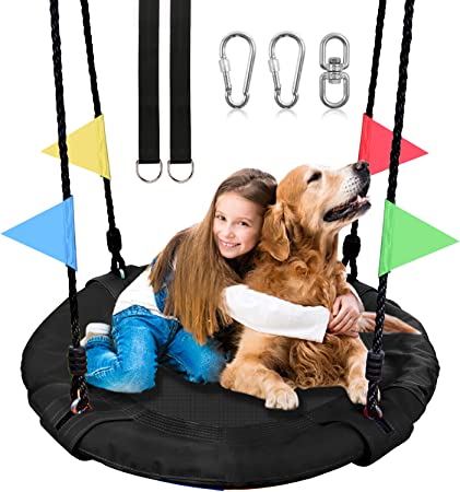 Odoland 30 inch Kid Tree Swing, Outdoor Small Saucer Swing - 900D Waterproof Oxford Platform Swing for Kids, Backyard Round Flying Swing wirh Adjustable Hanging Ropes for 2-3 Kids Black