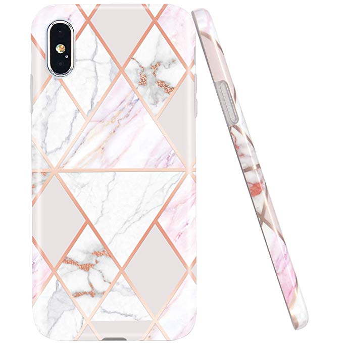 JAHOLAN Compatible iPhone X Case iPhone Xs Shiny Rose Gold Geometric Pink Marble Design Clear Bumper Glossy TPU Soft Rubber Silicone Cover Phone Case