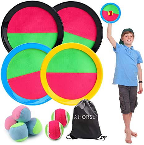 R HORSE Paddle Catch Ball Set Toss and Catch Ball Game Set 4 Hook and Loop Adjustable self-Stick Paddles 6 Balls with Storage Bag for Outdoor Activities (11 Packs)
