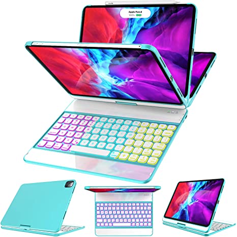 iPad Pro 11 Case with Keyboard 2020/2018 (1st/ 2nd Generation) - 360 Rotatable - Wireless/BT - Backlit 17 Color - Auto Sleep Wake - Support Apple Pencil 2nd Gen Charging, Tiffany