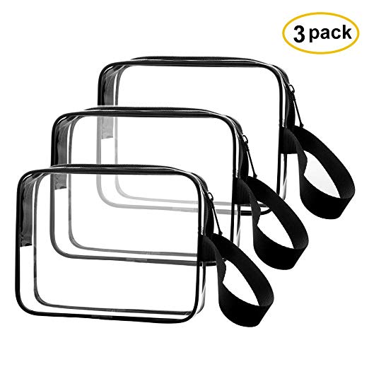 3pcs/pack Sariok Clear Toiletry Bag with Zipper TSA Approved Travel Cosmetic Bag PVC Make-up Pouch Handle Straps for Women Men, Carry On Airport Airline Compliant Quart Bags 3-1-1 Kit Luggage (Black)
