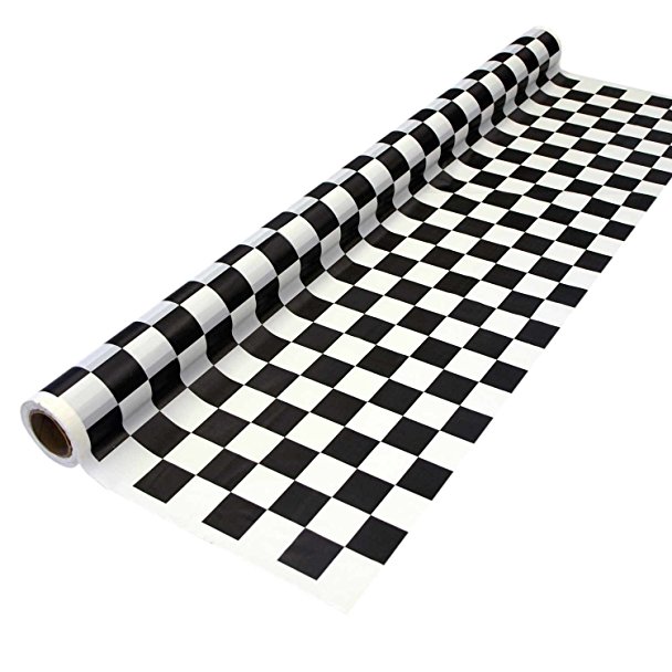 Party Essentials Heavy Duty Printed Plastic Banquet Table Roll Available in 27 Colors, 40" x 150', Black and White Checks