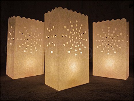 CleverDelights White Luminary Bags - 20 Count - Sunburst Design - Wedding, Reception, Party and Event Decor - Flame Resistant Paper - Luminaria