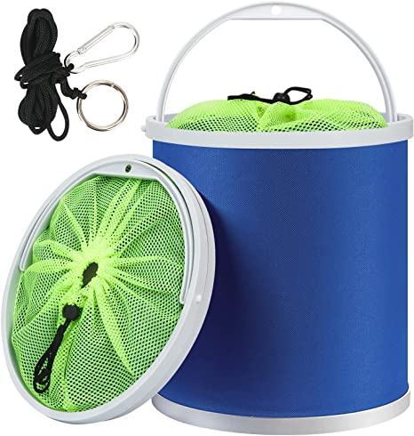 Homelove Collapsible Camping Fishing Bucket,11L (2.9 Gallons) Durable Pop Up Water Bucket with Net and Rope for Car Washing, Fishing,Boating or Other Outdoor Activities, Foldable Bucket,Blue