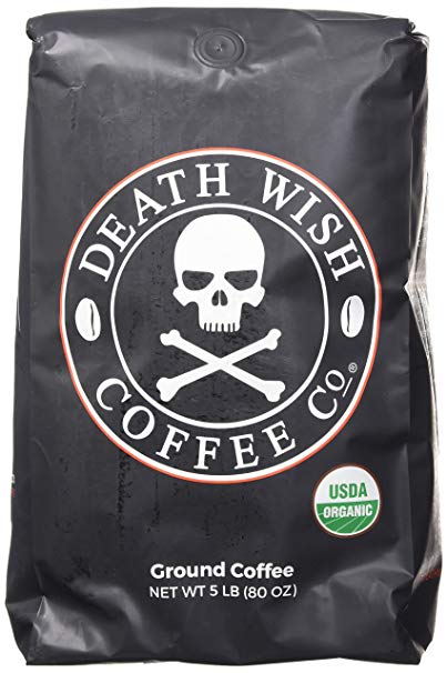 Death Wish Coffee, The World's Strongest Coffee, Fair Trade and USDA Certified Organic, Ground Coffee Beans - 5 Lb Bag