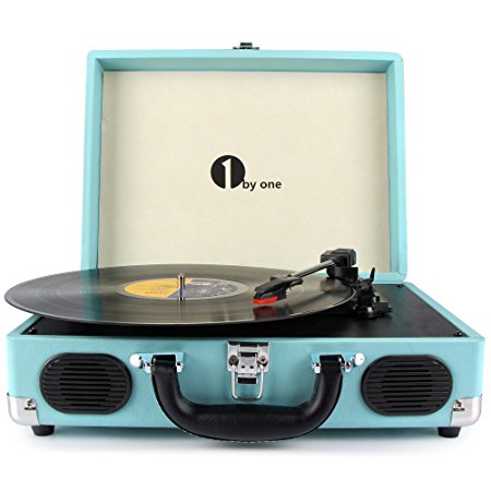 1byone Belt-Drive 3-Speed Portable Stereo Turntable with Built in Speakers, Supports RCA Output / Headphone Jack / MP3 / Mobile Phones Music Playback, Turquoise