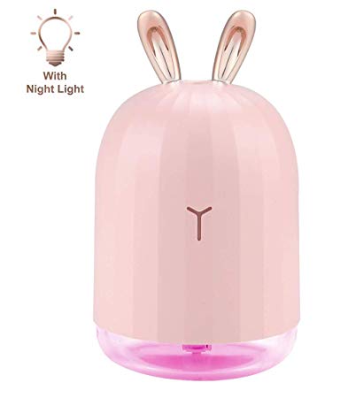 Cool Mist Cute Humidifier, Night Light USB Mini Creative Portable Mute Air Purifiers Essential Oil Humidifier with Timed Auto Shutdown, for Decoration Bedroom Home Office Car Travel (Rabbit Pink)