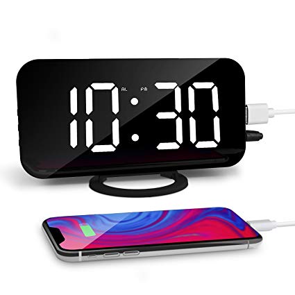 GEEKERS Digital Alarm Clock, 6.5'' Large Display Alarm Clock with Dual USB Charger Port, Dimmer and Big Snooze, LED Clock with Mirror Surface, Suitable for Bedroom, Home, Office Décor