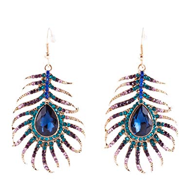Frogwill Womens Crystal Hook Earrings Sparkling Rhinestone Peacock Feather Dangle Earrings