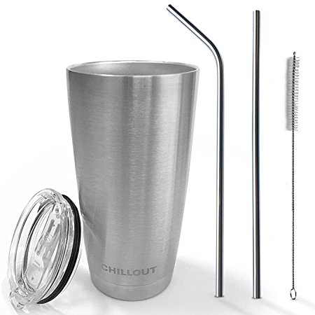 20 oz Stainless Steel Tumbler with Straws, Sliding Lid & Drinking Straw Brush - Vacuum Insulated Coffee Mug Double Wall Travel Flask Cup with Straws & Lid By CHILLOUT LIFE